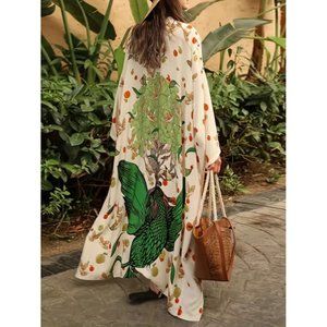 Plus Size Casual Cover Up, Women's Plus Graphic Print Long Sleeve Cover Up Robe